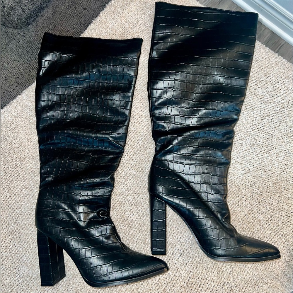 PLT Black Crocodile Print Heeled Boot